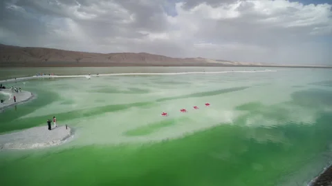 High-Angle Wide-Angle Aerial View of Mangya Emerald Lake and Kunlun Mountains Stock Footage 343798181