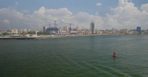 High Angle Wide Dolly Establishing Shot of Havana Cuba Coastline Stock Footage
