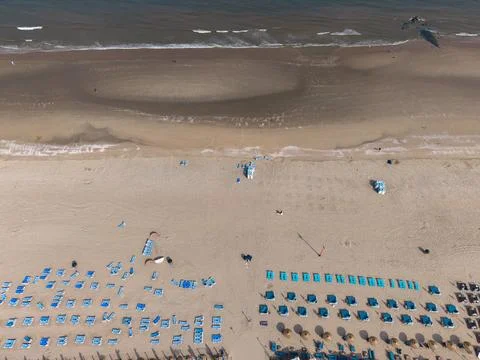 High angle wide horizontal aerial drone photograph of Scheveningen beach Stock Photos