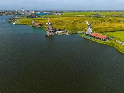 High angle wide horizontal aerial drone photograph of Zaanse Schans historic Stock Photos