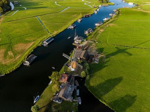 High angle wide horizontal aerial drone photograph of De Faljeril historic Stock Photos