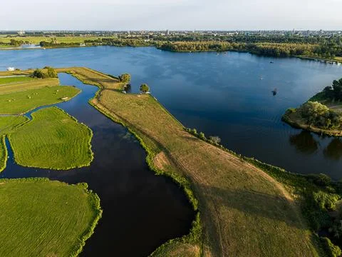 High angle wide horizontal aerial drone photograph of Kagerplassen lake Stock Photos
