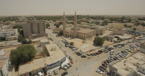 High Angle Wide Shot of Saudi Mosque in Nouakchott, Mauritania (4K) Stock Footage 47935804