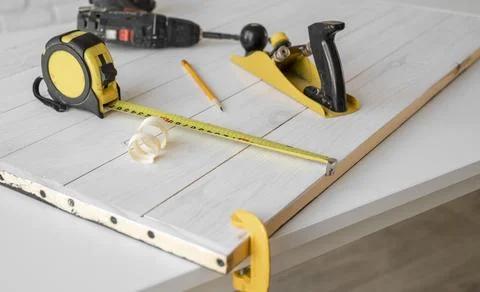 High angle wood crafting objects assortment Stock Photos