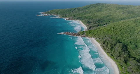 High angle zoom in aerial view of Grand Anse beach, La Digue,Seychelles Stock-Footage 221840299