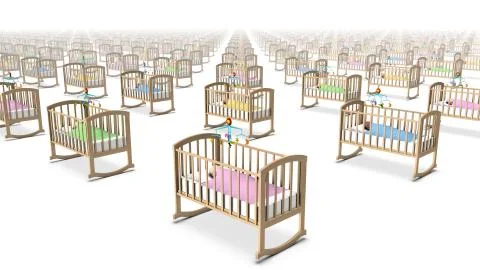 High angled diagonal view of endless Cribs with Baby. Foto stock