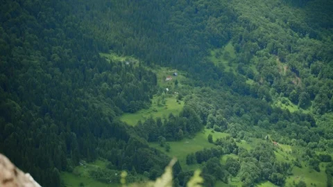 High angles view on small houses in the middle of green forest on mountain slope Stock Footage 284387945