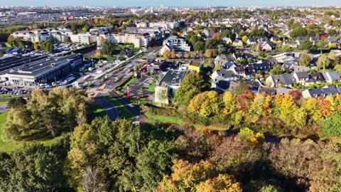 High autumn drone panorama over Route de Paris (D286), Cesson-Sévigné Stock Footage 321445570