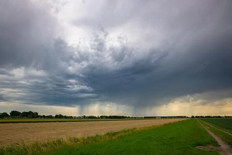 High based storm clouds with rain streaks over flat farmland Stock Photos
