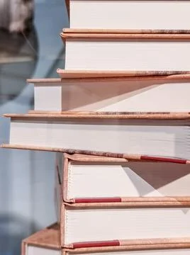 High books stack isolated on blurred background.forefront of a group of books 스톡 사진