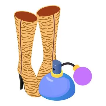 High boot icon isometric vector. Pair of new brown boot and perfume bottle icon Ilustração Stock