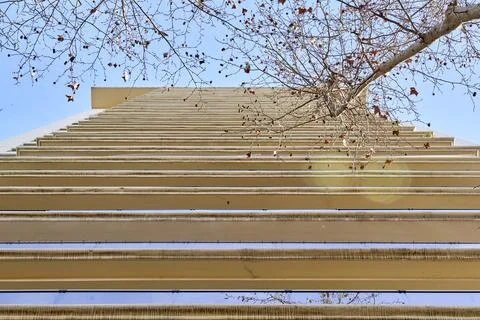 High building seen from below, framed by a pristine sky and autumnal trees... Stock Photos