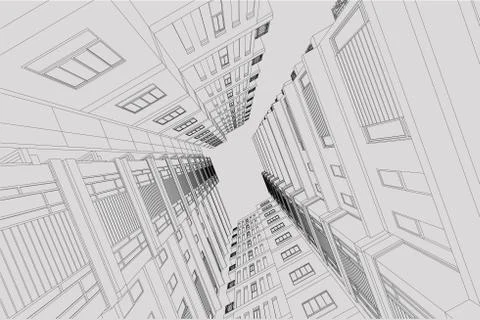 High building structure architecture abstract drawing, 3d illustration Illustrazione stock