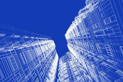 High building structure architecture abstract drawing, 3d illustration Stock Illustration