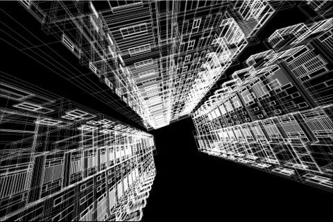 High building structure architecture abstract drawing, 3d illustration Illustrazione stock