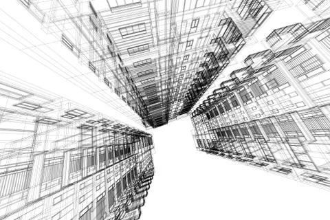 High building structure architecture abstract drawing, 3d illustration Stock Illustration