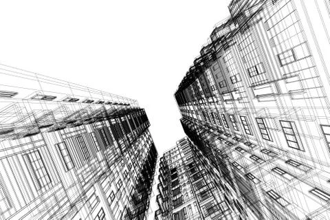 High building structure architecture abstract drawing, 3d illustration Stock Illustration