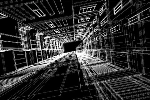 High building structure architecture abstract drawing, 3d illustration Stock Illustration