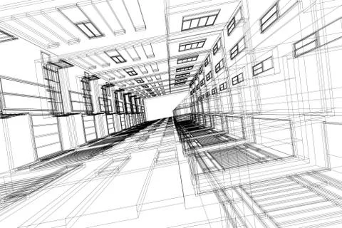 High building structure architecture abstract drawing, 3d illustration Stock Illustration