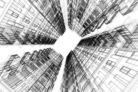 High building structure architecture abstract drawing, 3d illustration Stock Illustration