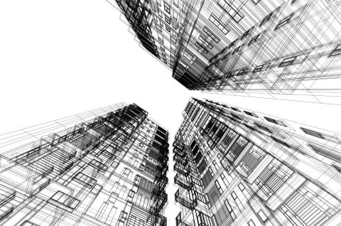 High building structure architecture abstract drawing, 3d illustration 스톡 일러스트