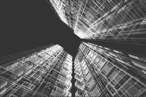 High building structure architecture abstract drawing, 3d illustration Stock Illustration