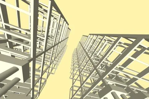 High building structure architecture abstract drawing, 3d illustration Illustrazione stock