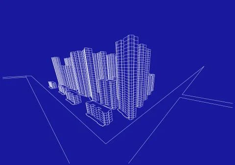 High building structure architecture abstract drawing, 3d illustration Illustrazione stock