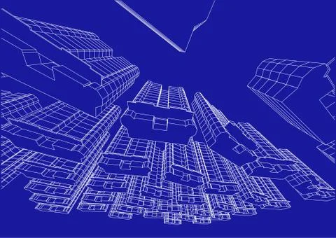 High building structure architecture abstract drawing, 3d illustration Stock Illustration
