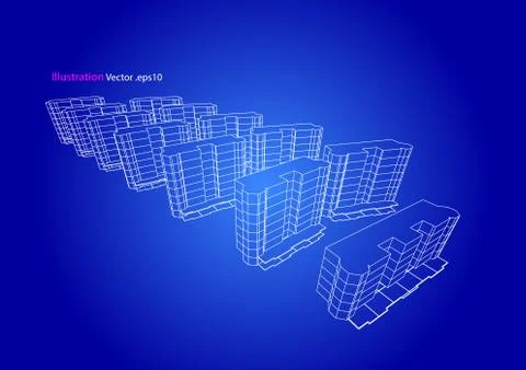High building structure architecture abstract drawing, 3d illustration 스톡 일러스트