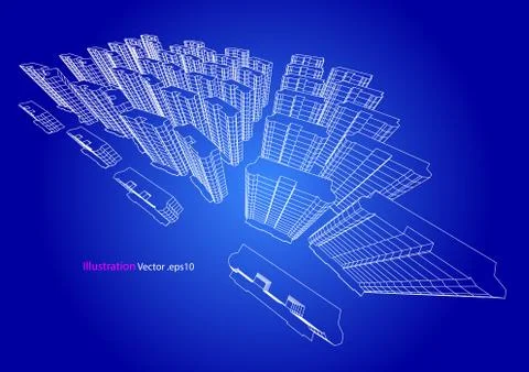 High building structure architecture abstract drawing, 3d illustration 스톡 일러스트