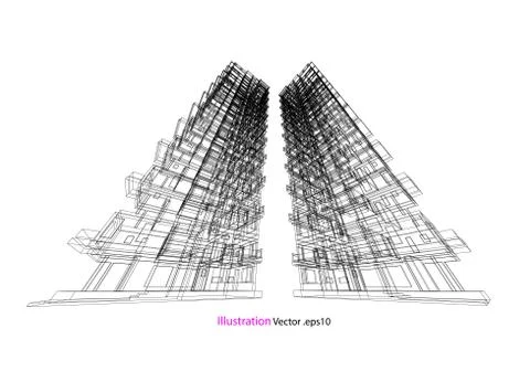 High building structure architecture abstract drawing, 3d illustration Stock Illustration