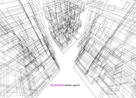 High building structure architecture abstract drawing, 3d illustration Stock Illustration