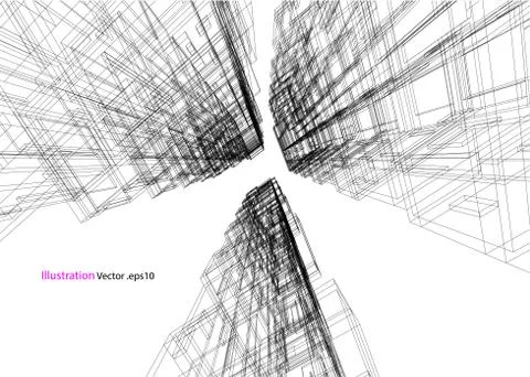 High building structure architecture abstract drawing, 3d illustration Stock Illustration