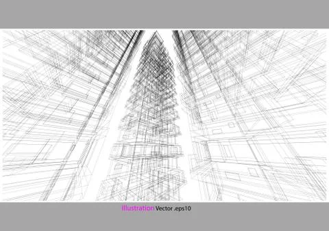 High building structure architecture abstract drawing, 3d illustration Stock Illustration