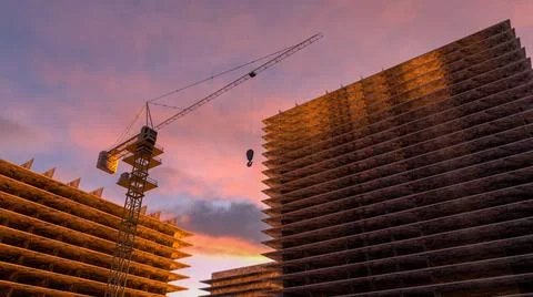 High building under construction. Side with cranes against blue sky with sun Ilustración de archivo