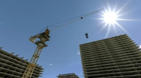 High building under construction. Side with cranes against blue sky with sun Stock Illustration