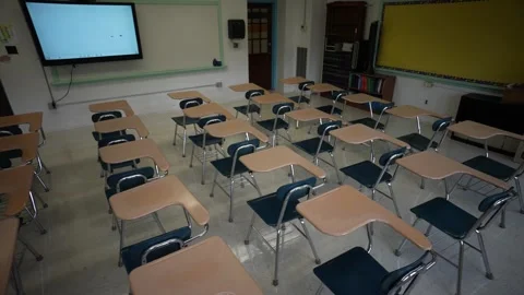 High camera looking down showing room of empty desks chairs with smart board Stock Footage 246867260