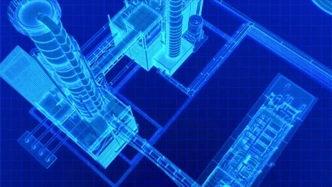 High camera zoom to blue wireframe oil refinery building. Vídeos de archivo 148829027