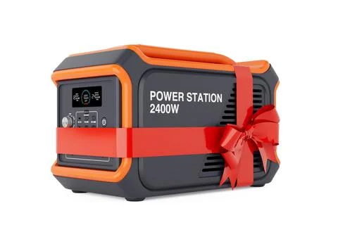 High Capacity Portable Power Generator Station  with Red Ribbon as Gift. 3d.. Stock-Illustration