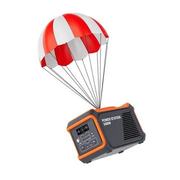 High Capacity Portable Power Generator Station Descends Down by Parachute. .. Stock Illustration