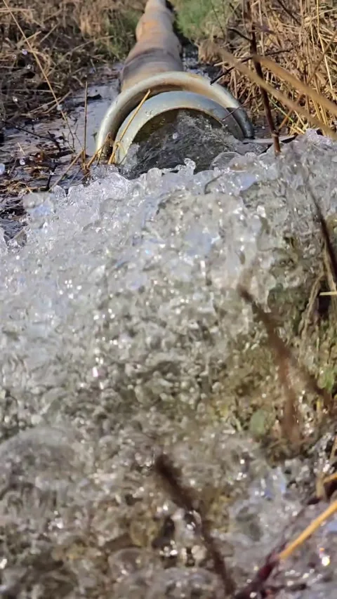 High capacity pump moves contaminated water through fire hose into ditch du.. Video stock 331426365