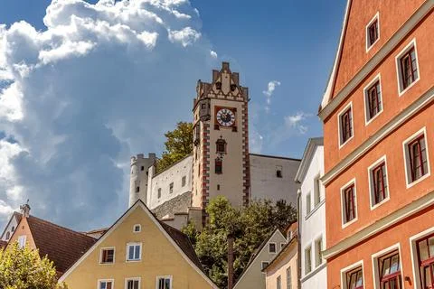 The High Castle clock tower overlooking Fussen old town in  Bavaria, Germany Stock Photos