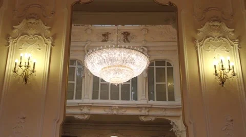 High ceiling chandelier in saloon Stock Footage 62232851