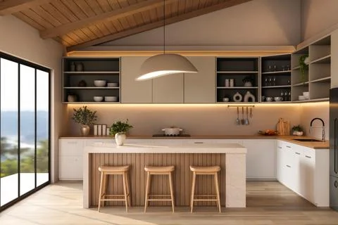 High ceiling modern kitchen with wooden island and bar stools Illustrazione stock