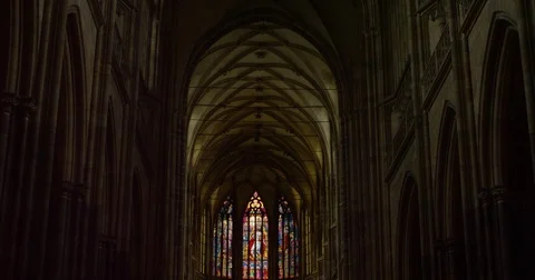 High ceiling stained windows inside Saint Vitus Cathedral, Prague Castle Stock Footage 71611176