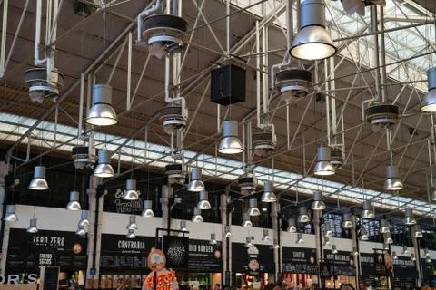 High ceilings and lights at Time Out Market Lisbon Stock Photos