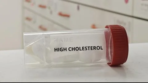 HIGH CHOLESTEROL treatment tablets for lower elevated lipid levels and reduce Stock Photos
