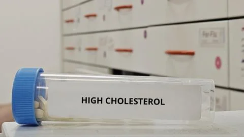 HIGH CHOLESTEROL treatment tablets for lower elevated lipid levels and reduce Stock Photos