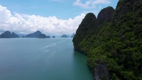 High cliffs and islands in Phang Nga Bay in Thailand on the open sea Stock Footage 167094050